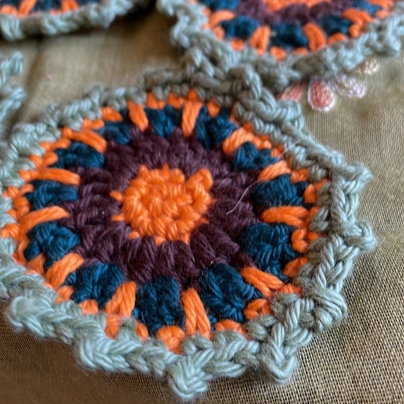 Hand crocheted Mandala coasters in sage green, orange, dark teal and brown. - Picture 2 of 6
